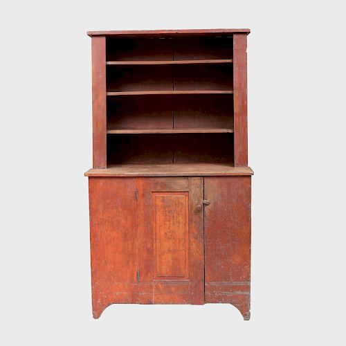 New York Iron Red Painted Stepback Cupboard