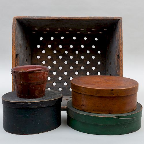 Group of Three Oval Wood Pantry Boxes, a Painted Wood Cheese Drainer, and a Small Painted Wood Shaker Bucket