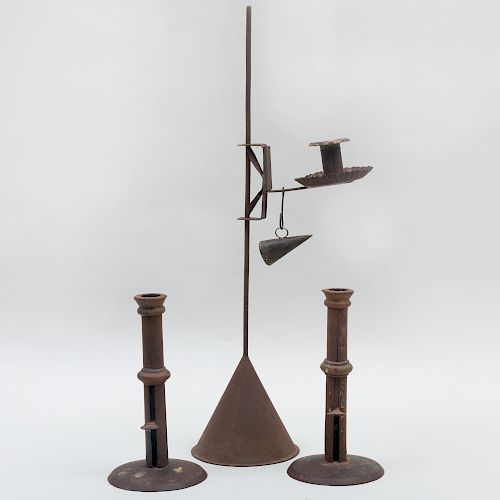 Pair of Tall American Metal Hogscraper Candlesticks, an Adjustable Candle Lamp and Snuffer