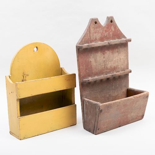 American Green Painted Wood Spoon Racks and Yellow Painted Wood Two Tiered Wall Box