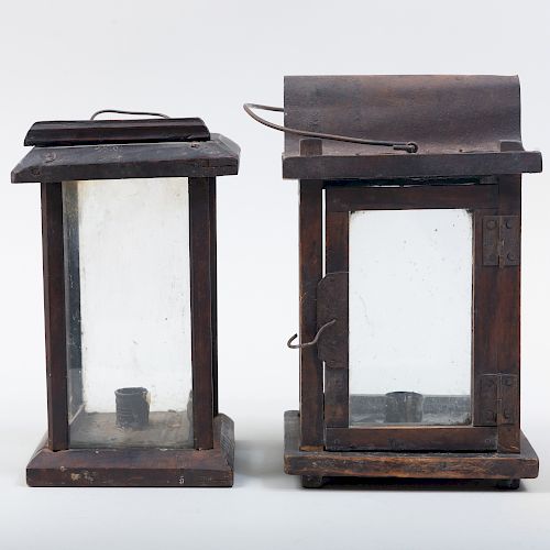 Two Wood and Glass Candle Lanterns