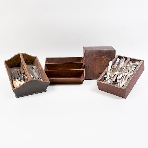 Group of Four Primitive Wood Cutlery Boxes 