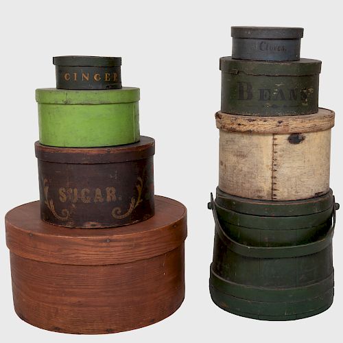 Group of Seven American Painted Wood Circular Pantry Boxes and a Firkin