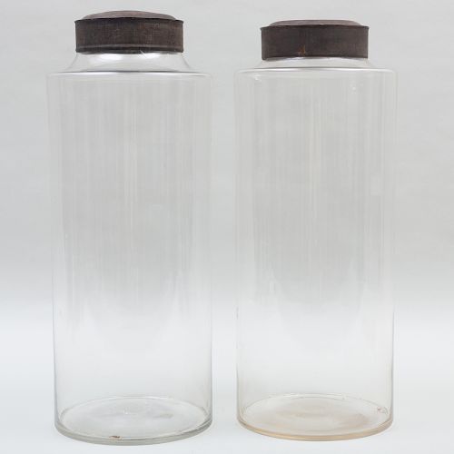 Two Tall Blown Glass Jars with Two Tin Lids