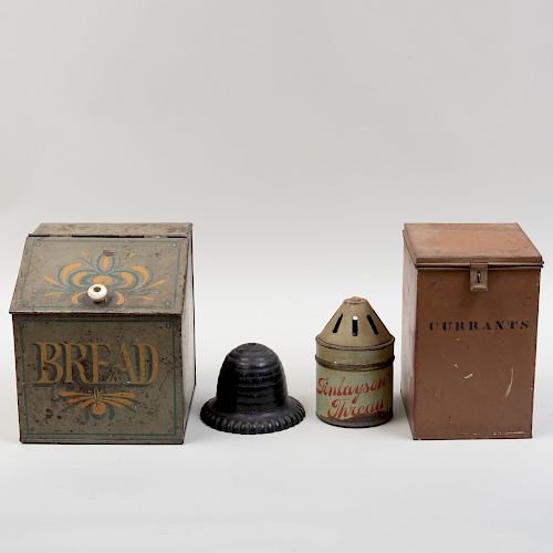 Three Painted Tin Containers and a Painted Iron Beehive Form String Jack