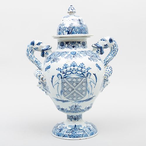 Continental Tin Glazed Earthenware Armorial Vase and Cover, Probably French