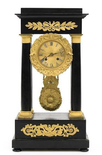 Empire Style Ormolu Mounted Ebonized Portico Clock