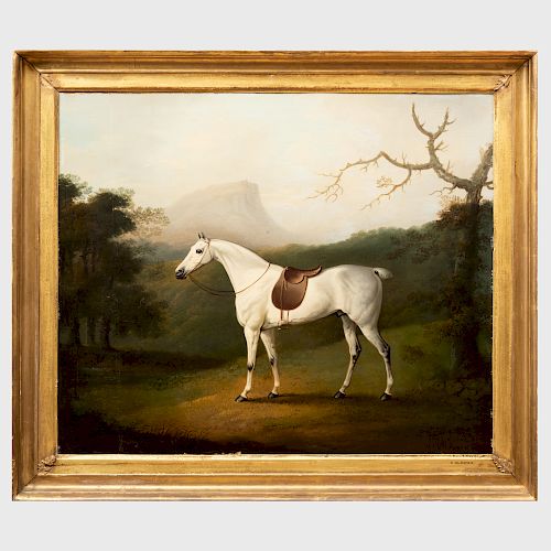 Daniel Clowes (1774-1829): A Saddled Grey Hunter in a Wooded Landscape