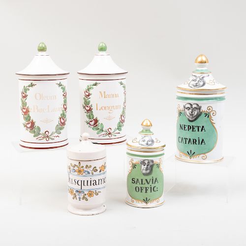 Two Pairs of French Glazed Pottery Apothecary Jars