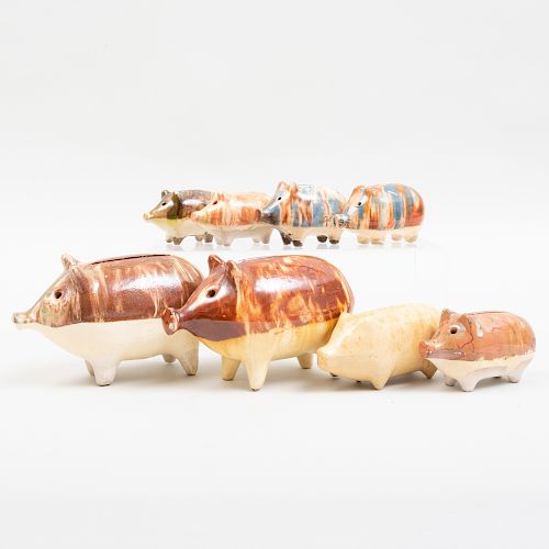 Group of Eight Glazed Pottery Piggy Banks