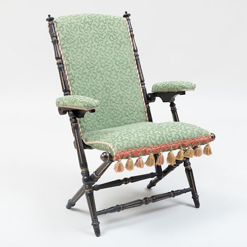 Hunzinger Ebonized and Parcel-Gilt Folding Chair, Signed 