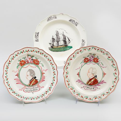 Two English Creamware Dutch Decorated Orangist Plates and a Transfer Printed and Enriched Plate