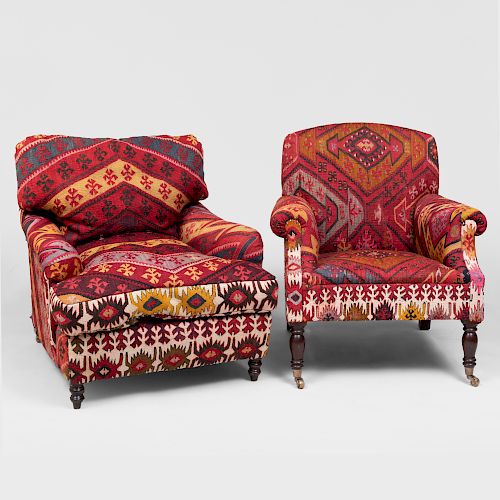 Two Kilim Upholstered Club Chairs, in the Manner of George Smith