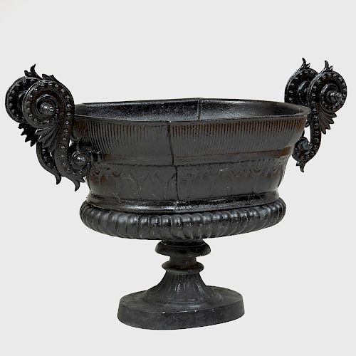 Black Painted Cast Iron Scroll Handled Garden Urn, attributed to Fisk