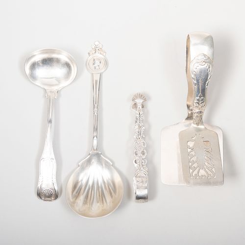 Two American Silver Serving Pieces and a Pair of British Sugar Nips