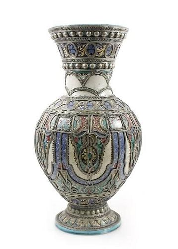 Moroccan Metal Mounted Pottery Table Vase