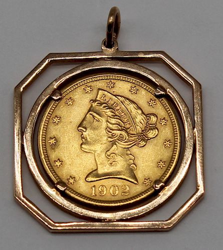 JEWELRY. 1902 United States $5 Gold Coin.