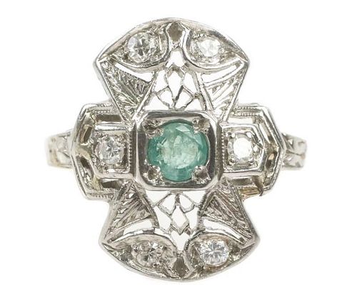 Art Deco Platinum, Gold, Emerald & Diamond Ring