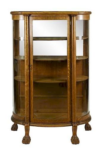 Tiger Oak Glass Front Vitrine Cabinet, 20th C.