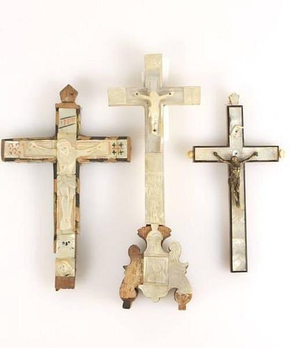 3 Hand Carved Wood & Mother Of Pearl Crucifixes