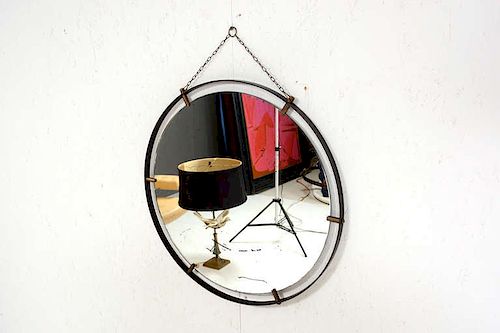 Midcentury Jacques Adnet Style Round Mirror, France, 1950s