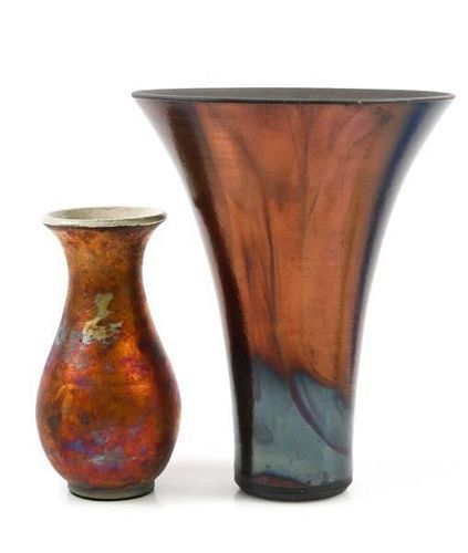 Group of 2 American School Iridized Pottery Vases