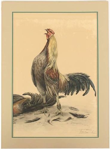 Leon Danchin Colored Etching "The Cock Fight"