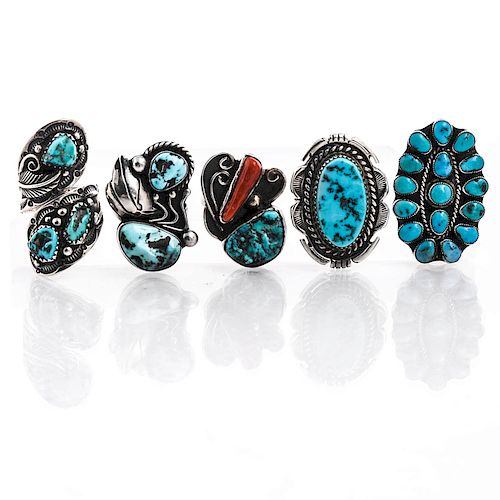 5 NATIVE AMERICAN CRAFT TURQUOISE RINGS