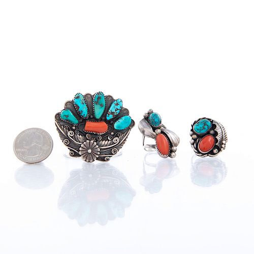 TURQUOISE, CORAL RING; STERLING PENDANT; SILVER RING