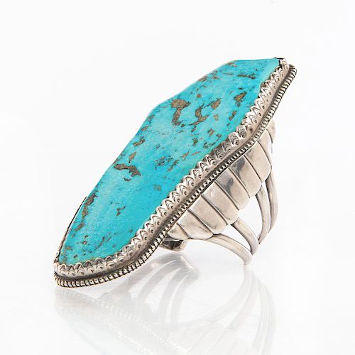 MARK CHEE LARGE SILVER TURQUOISE NAVAJO BRACELET