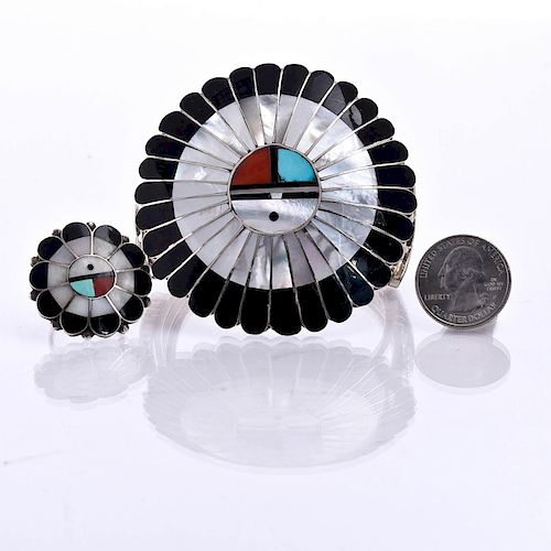 NATIVE AMERICAN SUNFACE STERLING SILVER CUFF AND RING