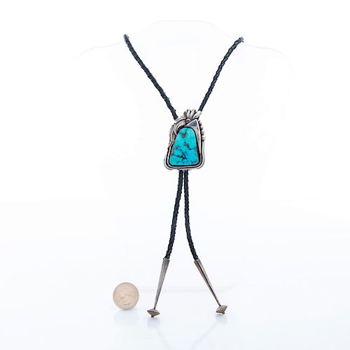 NATIVE AMERICAN SILVER AND TURQUOISE BOLO TIE