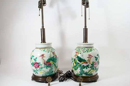 A Pair of Enameled Ginger Jars as Lamps.