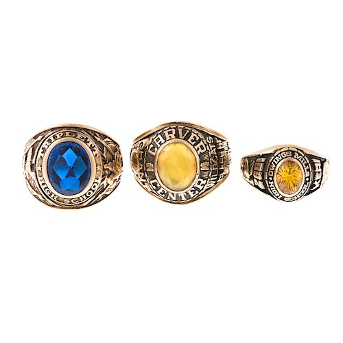 A Trio of Gold & Gemstone Class Rings in 10K