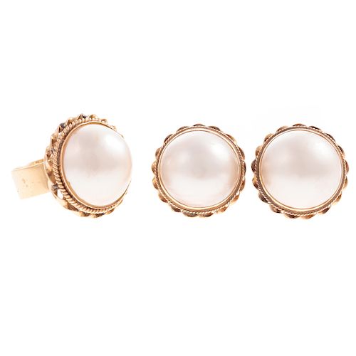 A Pair of Pearl Earrings & Matching Ring in 14K
