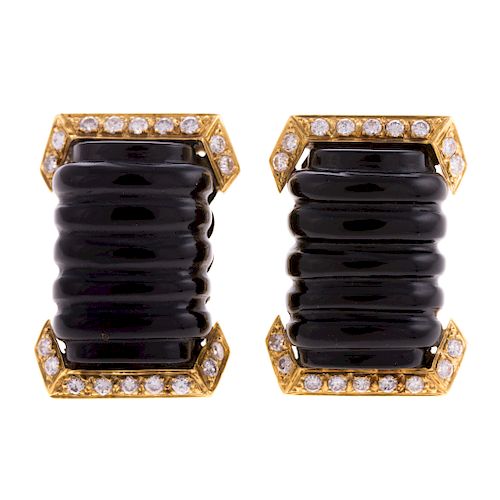 A Pair of Carved Onyx & Diamond Earrings in 18K