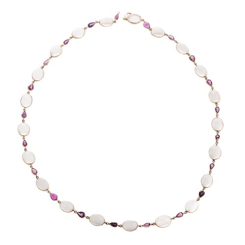 A Ladies Moonstone & Ruby Necklace in 14K Gold