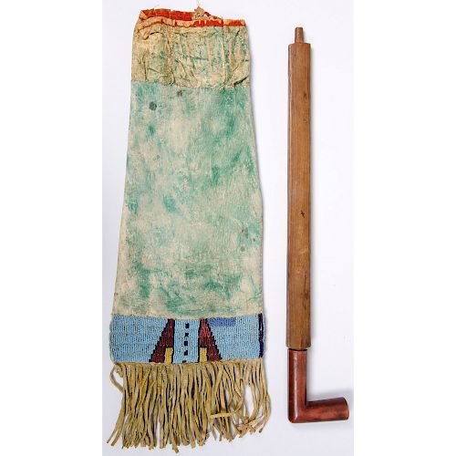 Plains Beaded Hide Tobacco Bag with Pipe, Deaccessioned From the Hopewell Museum, Hopewell, NJ
