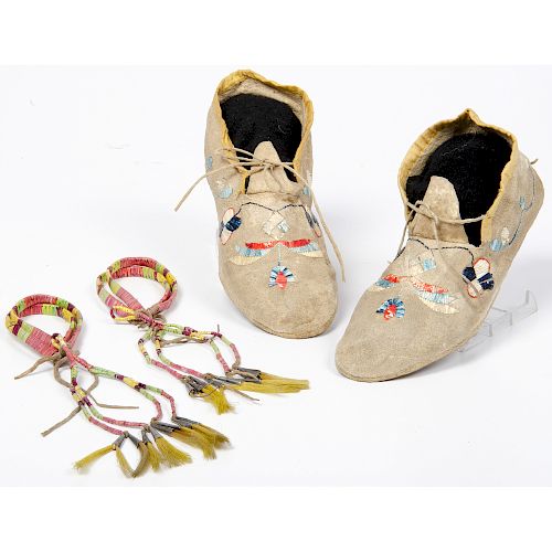 Eastern Plains Quilled Hide Moccasins and Quilled Armbands