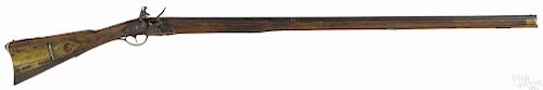 Pennsylvania full stock flintlock long rifle, approximately .60 caliber, with brass furniture