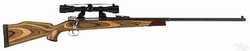 Swedish sporterized Model 1896 Mauser rifle, 6.5 x 55 caliber, with a laminated Monte Carlo stock