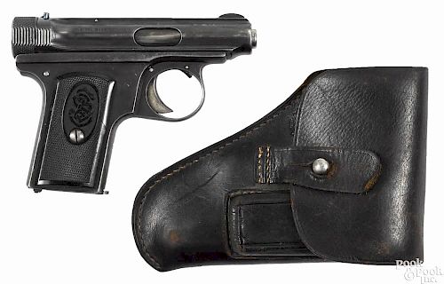 J. P. Saner model 1913 semi-automatic pistol, 6.35 mm, with a holster and 3'' barrel. Serial #43201