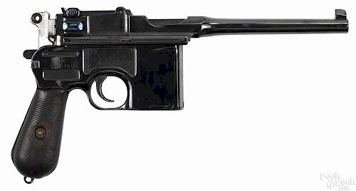 Standard wartime commercial broom handle Mauser model 1896 pistol, 9 mm, with a 5 1/2'' barrel.
