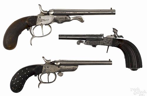 Three Belgian double barrel black powder cartridge pistols, 7 mm, 10 mm, and 10 mm pinfire
