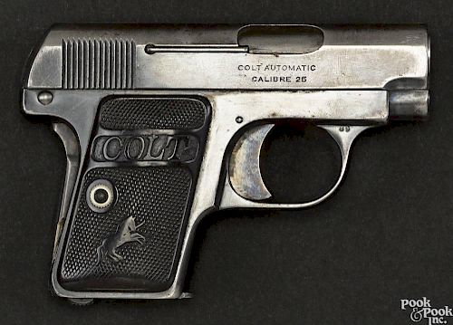 Colt model 1908 hammerless semi-automatic pistol, .25 caliber, with a 2'' barrel. Serial #302705.