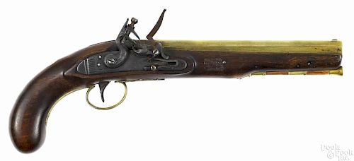 H. Young brass barreled flintlock pistol, .52 caliber, with a pineapple trigger guard finial