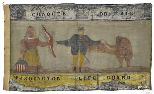 Painted American flag, 20th c., inscribed Conquer or Die - Washington Life Guard, 28'' x 50''.