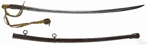 Ames U.S. model 1860 light cavalry saber and scabbard, the blade marked at the ricasso US