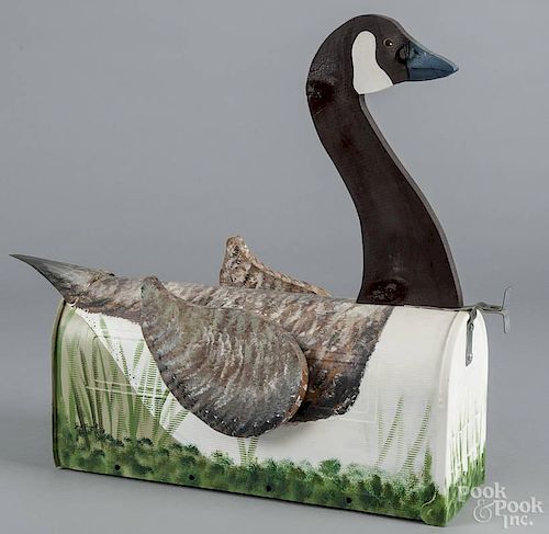 Contemporary tin and wood goose mailbox, 21'' h.