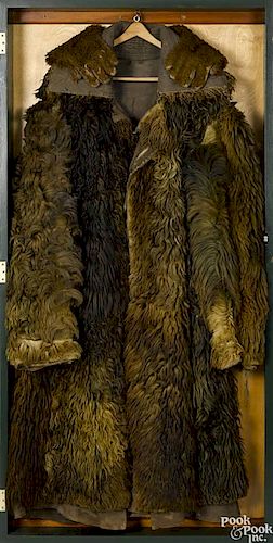 Western U.S. buffalo hide long coat with gloves, 19th c., in a shadow box frame, coat - 59'' l.